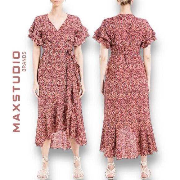 Max Studio Women's Ruffle Crepe High/Low Wrap Midi Dress in the Size X-Large - Picture 1 of 13